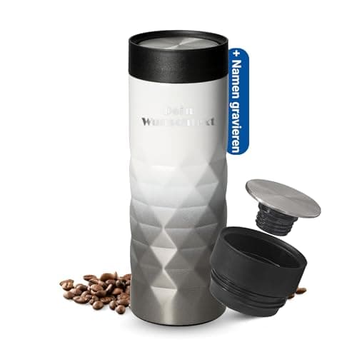 Thermobecher personalisiert 450 ml - auslaufsicherer Edelstahl to go Becher - Kaffeebecher für Büro, Auto und Uni - hält