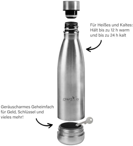 AWAVE Recycelte Edelstahl Trinkflasche 500 ml Doppelwandig Isolierte Thermo Flasche -Auslaufsicher, für Schule und Büro