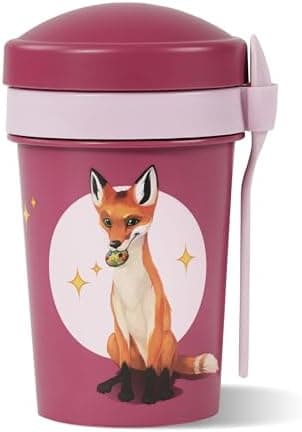 AWAVE Müslibecher To Go - Magische Tiere Schule 540 ml rPET Grün Henrietta, Joghurt-Früchte-Suppe Becher mit Löffel, Aus