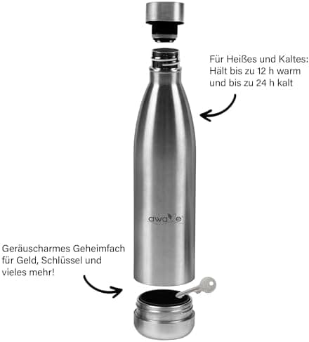 AWAVE Recycelte Edelstahl Trinkflasche 500 ml Doppelwandig Isolierte Thermo Flasche -Auslaufsicher, für Schule und Büro
