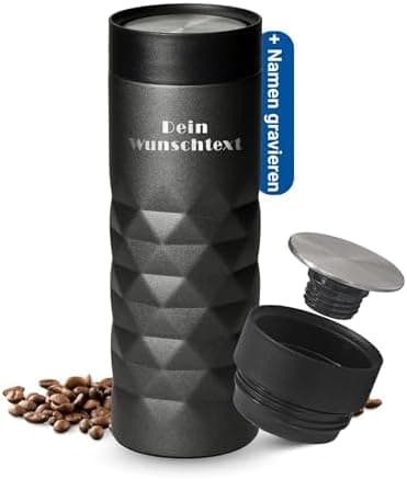 Thermobecher personalisiert 450 ml - auslaufsicherer Edelstahl to go Becher - Kaffeebecher für Büro, Auto und Uni - hält