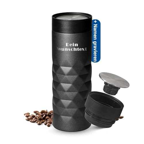 Thermobecher personalisiert 450 ml - auslaufsicherer Edelstahl to go Becher - Kaffeebecher für Büro, Auto und Uni - hält
