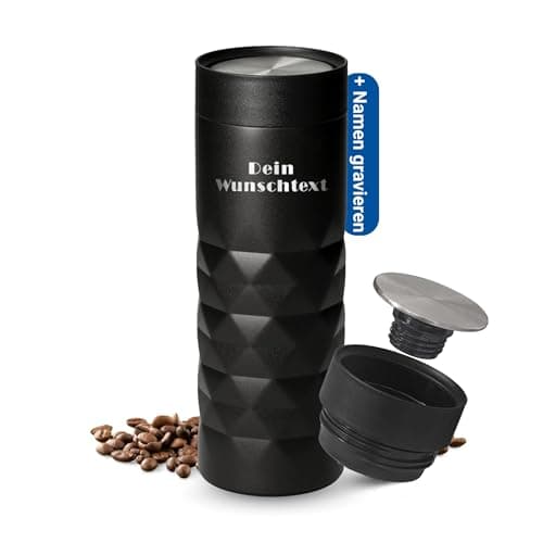 Thermobecher personalisiert 450 ml - auslaufsicherer Edelstahl to go Becher - Kaffeebecher für Büro, Auto und Uni - hält