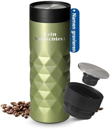 Thermobecher personalisiert 450 ml - auslaufsicherer Edelstahl to go Becher - Kaffeebecher für Büro, Auto und Uni - hält