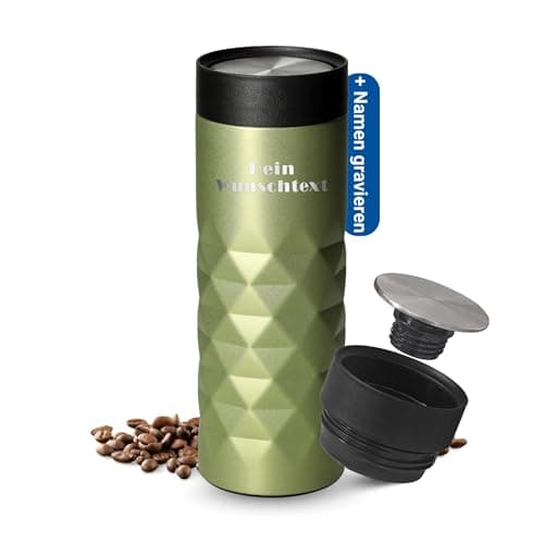 Thermobecher personalisiert 450 ml - auslaufsicherer Edelstahl to go Becher - Kaffeebecher für Büro, Auto und Uni - hält