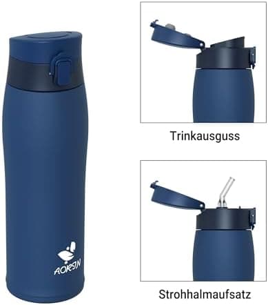 AORIN Trinkflasche Edelstahl 18/8, 500ml, BPA-Frei, Doppelwandig Isolierflasche für Sport, Schule und Outdooraktivitäten