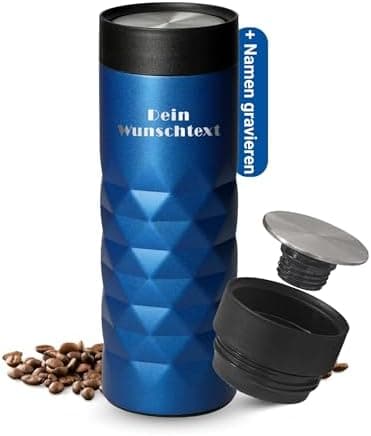 Thermobecher personalisiert 450 ml - auslaufsicherer Edelstahl to go Becher - Kaffeebecher für Büro, Auto und Uni - hält