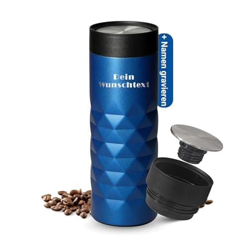 Thermobecher personalisiert 450 ml - auslaufsicherer Edelstahl to go Becher - Kaffeebecher für Büro, Auto und Uni - hält