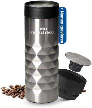 Thermobecher personalisiert 450 ml - auslaufsicherer Edelstahl to go Becher - Kaffeebecher für Büro, Auto und Uni - hält