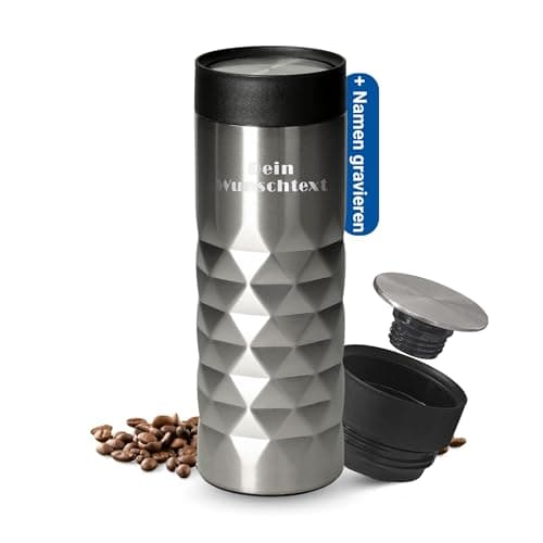 Thermobecher personalisiert 450 ml - auslaufsicherer Edelstahl to go Becher - Kaffeebecher für Büro, Auto und Uni - hält
