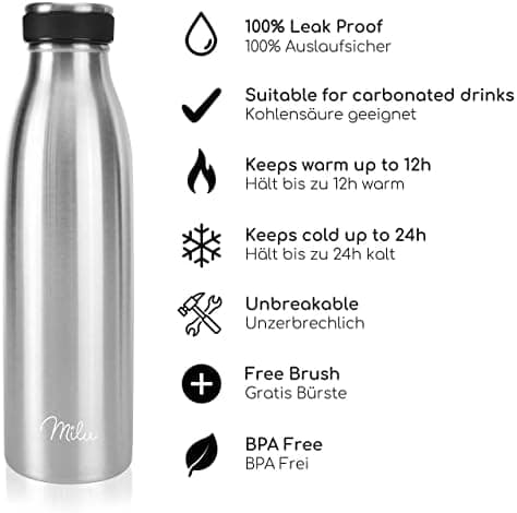 Milu Edelstahl Trinkflasche für Erwachsene – 750ml Isolierflasche zum Tragen – auslaufsicher, Kohlensäuregerecht inkl. R