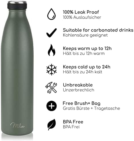 Milu Edelstahl Trinkflasche für Erwachsene – 750ml Isolierflasche zum Tragen – auslaufsicher, Kohlensäuregerecht inkl. R