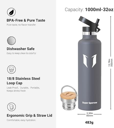 Super Sparrow Trinkflasche Edelstahl - Auslaufsicher Thermoskanne - Kinder für Sprudel, Sport, Schule, Fitness - 500ml -