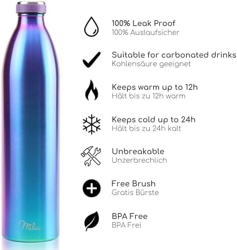 Milu Edelstahl Trinkflasche für Erwachsene – 750ml Isolierflasche zum Tragen – auslaufsicher, Kohlensäuregerecht inkl. R