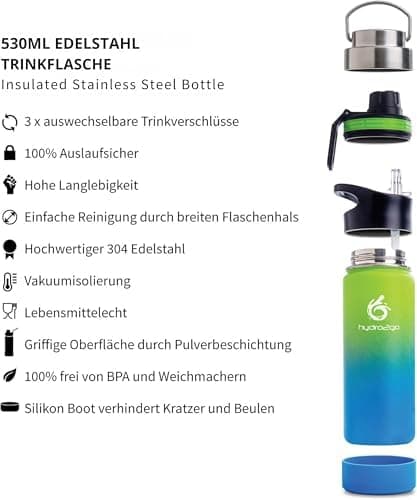 hydro2go Edelstahl Trinkflasche Mit Strohhalm, Bpa-Frei, Isolierflasche Für Kinder, Sport & Outdoor, 12h Heiß 24h Kalt H