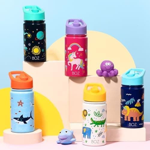 BOZ Isolierte Wasserflasche für Kinder | Edelstahl, doppelwandig, 414 ml | Praktisch und bequem mit Strohhalm-Deckel