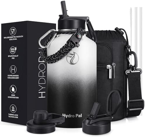HydroPal Edelstahl Trinkflasche - Isolierte Flasche mit Strohhalm & 2 Deckeln, Auslaufsichere Isolierung für Sport, 500m