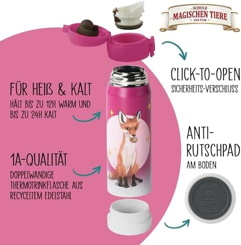 AWAVE Schule Magische Tiere Trinkflasche Kinder Edelstahl 380ml Blau Kohlensäure geeignet Thermosflasche Juri Einhandöff