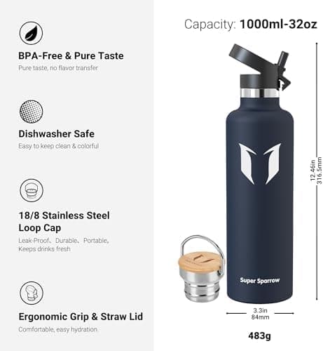 Super Sparrow Trinkflasche Edelstahl - Auslaufsicher Thermoskanne - Kinder für Sprudel, Sport, Schule, Fitness - 500ml -