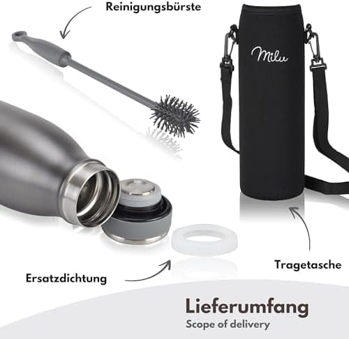 Milu Edelstahl Trinkflasche für Erwachsene – 750ml Isolierflasche zum Tragen – auslaufsicher, Kohlensäuregerecht inkl. R