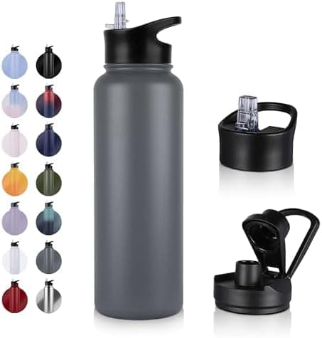 Edelstahl Trinkflasche - 1L - mit Strohhalm, BPA frei Thermosflasche,Vakuum Doppelwandisolierung für Sport,Schule und Fa