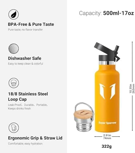 Super Sparrow Trinkflasche Edelstahl - Auslaufsicher Thermoskanne - Kinder für Sprudel, Sport, Schule, Fitness - 500ml -