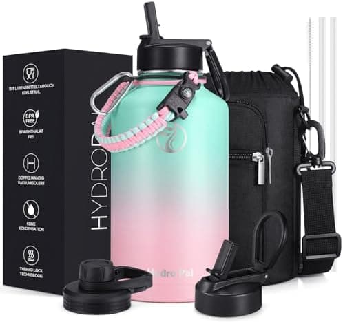 HydroPal Edelstahl Trinkflasche - Isolierte Flasche mit Strohhalm & 2 Deckeln, Auslaufsichere Isolierung für Sport, 500m