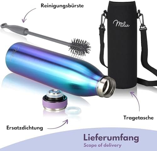 Milu Edelstahl Trinkflasche für Erwachsene – 750ml Isolierflasche zum Tragen – auslaufsicher, Kohlensäuregerecht inkl. R