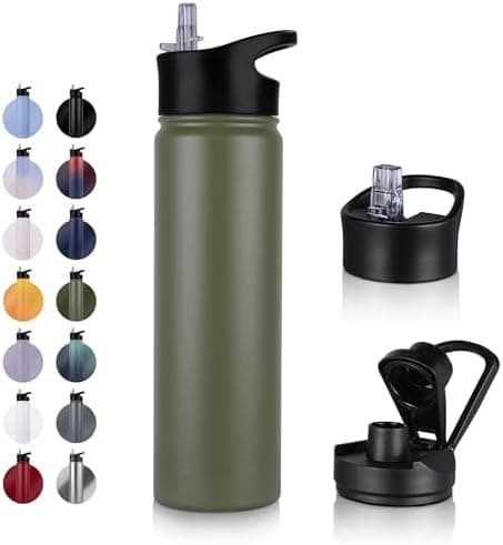 Edelstahl Trinkflasche - 1L - mit Strohhalm, BPA frei Thermosflasche,Vakuum Doppelwandisolierung für Sport,Schule und Fa