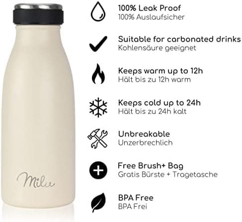 Milu Edelstahl Trinkflasche für Erwachsene – 750ml Isolierflasche zum Tragen – auslaufsicher, Kohlensäuregerecht inkl. R