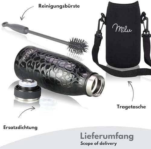 Milu Edelstahl Trinkflasche für Erwachsene – 750ml Isolierflasche zum Tragen – auslaufsicher, Kohlensäuregerecht inkl. R