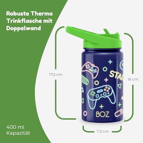 BOZ Isolierte Wasserflasche für Kinder | Edelstahl, doppelwandig, 414 ml | Praktisch und bequem mit Strohhalm-Deckel