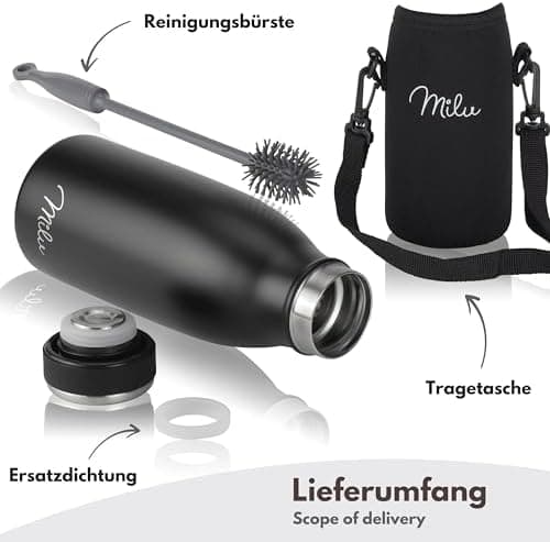 Milu Edelstahl Trinkflasche für Erwachsene – 750ml Isolierflasche zum Tragen – auslaufsicher, Kohlensäuregerecht inkl. R