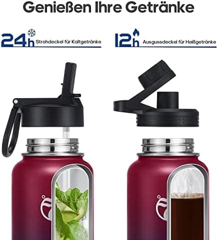 HydroPal Edelstahl Trinkflasche - Isolierte Flasche mit Strohhalm & 2 Deckeln, Auslaufsichere Isolierung für Sport, 500m