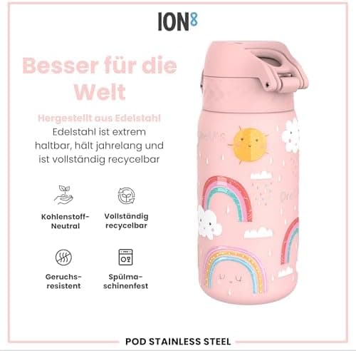 ION8 Kinder Trinkflasche Edelstahl Leicht 400ml Spülmaschinenfest Sichere Verriegelung