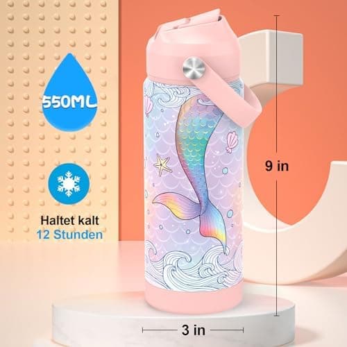 Edelstahl Trinkflasche Meeresjungfrau 550ml BPA Frei Auslaufsicher Thermosflaschefür Kinder und Erwachsene - Sport, Schu