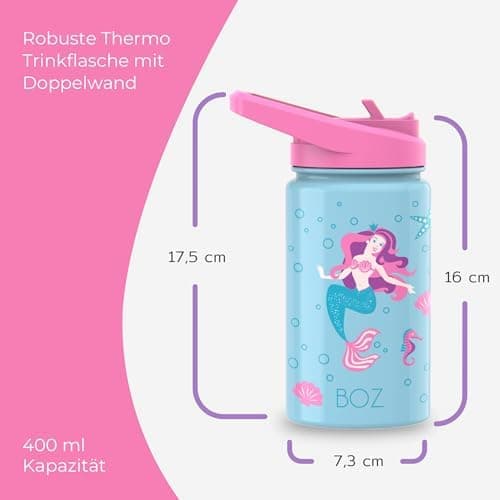 BOZ Isolierte Wasserflasche für Kinder | Edelstahl, doppelwandig, 414 ml | Praktisch und bequem mit Strohhalm-Deckel