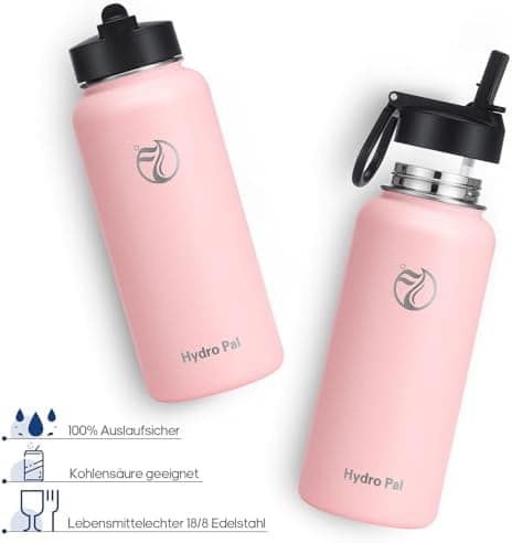 HydroPal Edelstahl Trinkflasche - Isolierte Flasche mit Strohhalm & 2 Deckeln, Auslaufsichere Isolierung für Sport, 500m