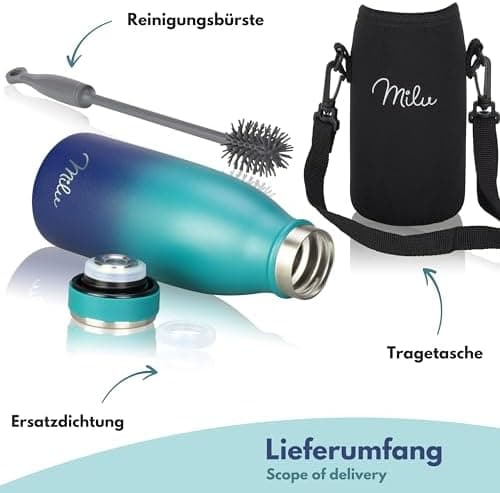 Milu Edelstahl Trinkflasche für Erwachsene – 750ml Isolierflasche zum Tragen – auslaufsicher, Kohlensäuregerecht inkl. R