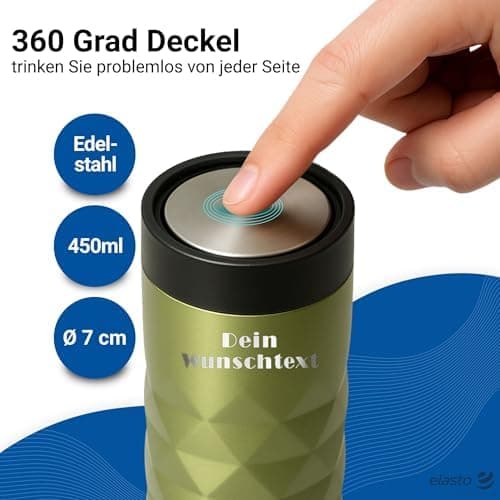 Thermobecher personalisiert 450 ml - auslaufsicherer Edelstahl to go Becher - Kaffeebecher für Büro, Auto und Uni - hält
