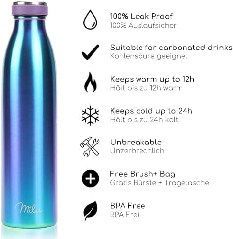 Milu Edelstahl Trinkflasche für Erwachsene – 750ml Isolierflasche zum Tragen – auslaufsicher, Kohlensäuregerecht inkl. R