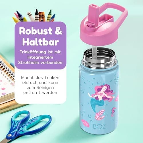 BOZ Isolierte Wasserflasche für Kinder | Edelstahl, doppelwandig, 414 ml | Praktisch und bequem mit Strohhalm-Deckel