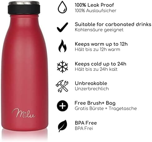 Milu Edelstahl Trinkflasche für Erwachsene – 750ml Isolierflasche zum Tragen – auslaufsicher, Kohlensäuregerecht inkl. R