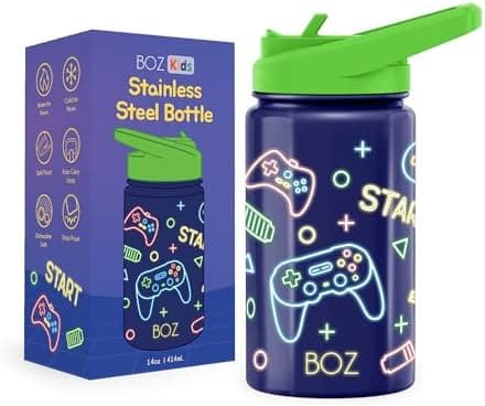 BOZ Isolierte Wasserflasche für Kinder | Edelstahl, doppelwandig, 414 ml | Praktisch und bequem mit Strohhalm-Deckel