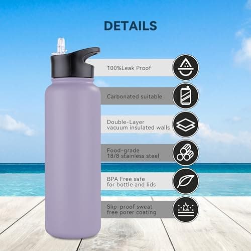 Edelstahl Trinkflasche - 1L - mit Strohhalm, BPA frei Thermosflasche,Vakuum Doppelwandisolierung für Sport,Schule und Fa