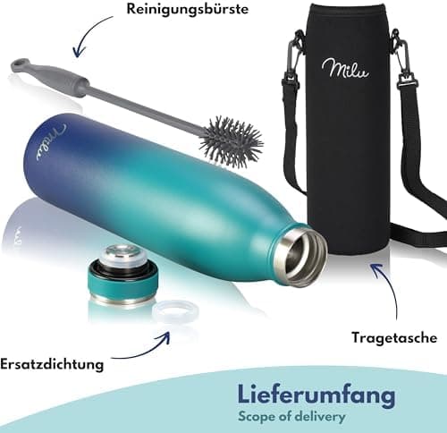 Milu Edelstahl Trinkflasche für Erwachsene – 750ml Isolierflasche zum Tragen – auslaufsicher, Kohlensäuregerecht inkl. R