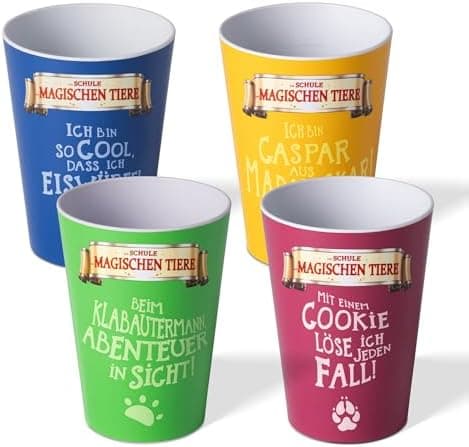 AWAVE Kinder Tasse Set | 4-teilig | 250 ml rPET Henkelbecher | Fuchs Rabbat Pinguin Juri Schildkröte Henrietta Chamäleon
