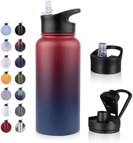 Edelstahl Trinkflasche - 1L - mit Strohhalm, BPA frei Thermosflasche,Vakuum Doppelwandisolierung für Sport,Schule und Fa