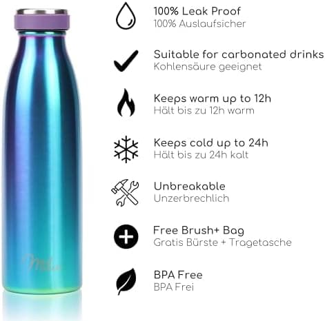 Milu Edelstahl Trinkflasche für Erwachsene – 750ml Isolierflasche zum Tragen – auslaufsicher, Kohlensäuregerecht inkl. R