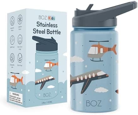 BOZ Isolierte Wasserflasche für Kinder | Edelstahl, doppelwandig, 414 ml | Praktisch und bequem mit Strohhalm-Deckel